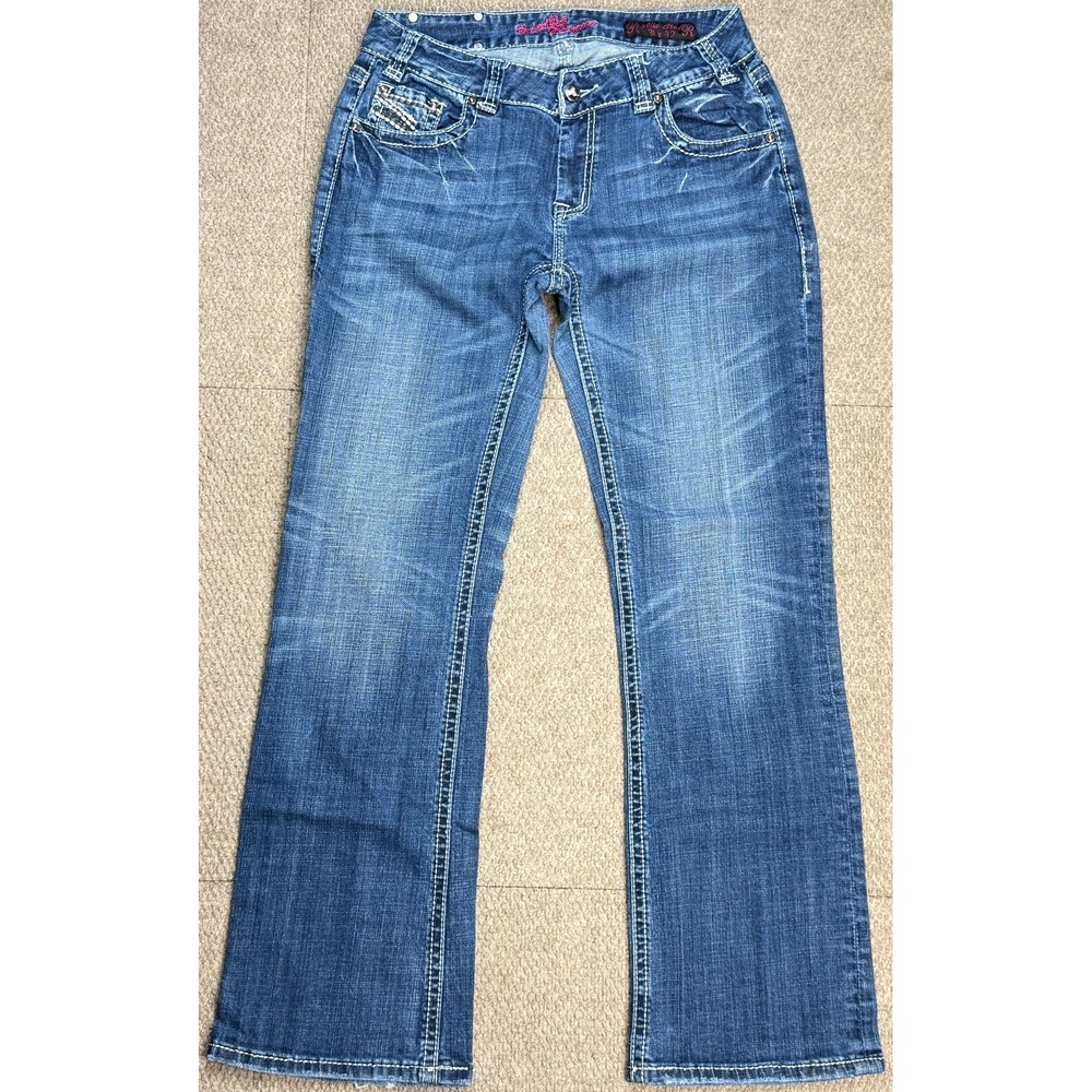 Rock & Roll Cowgirl Mid Rise Womens Bedazzled Bootcut Jeans Size 31x32